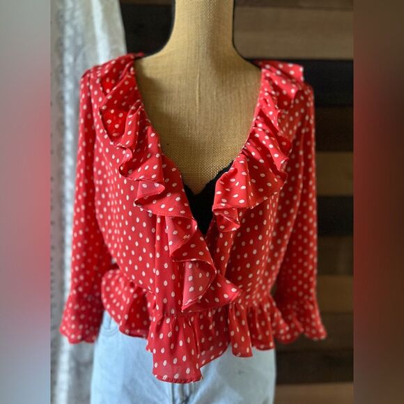 Modern Gap Red & Off White Polka Dot Ruffled Tie Front Blouse - Picture 3 of 14